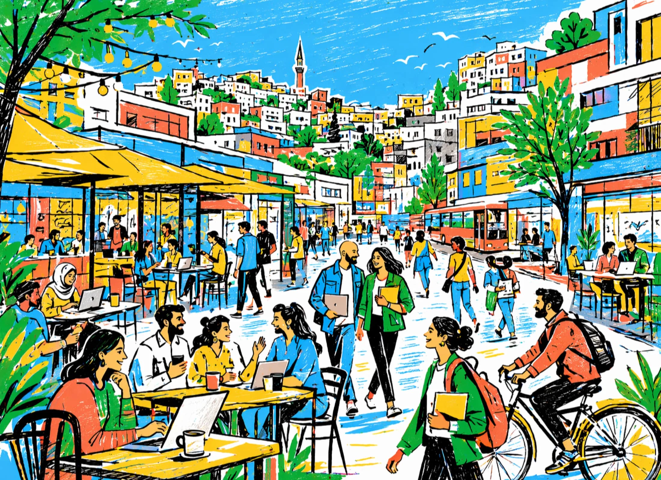 Illustration of a busy city street with cafés, market tables, cyclists, and hillside housing