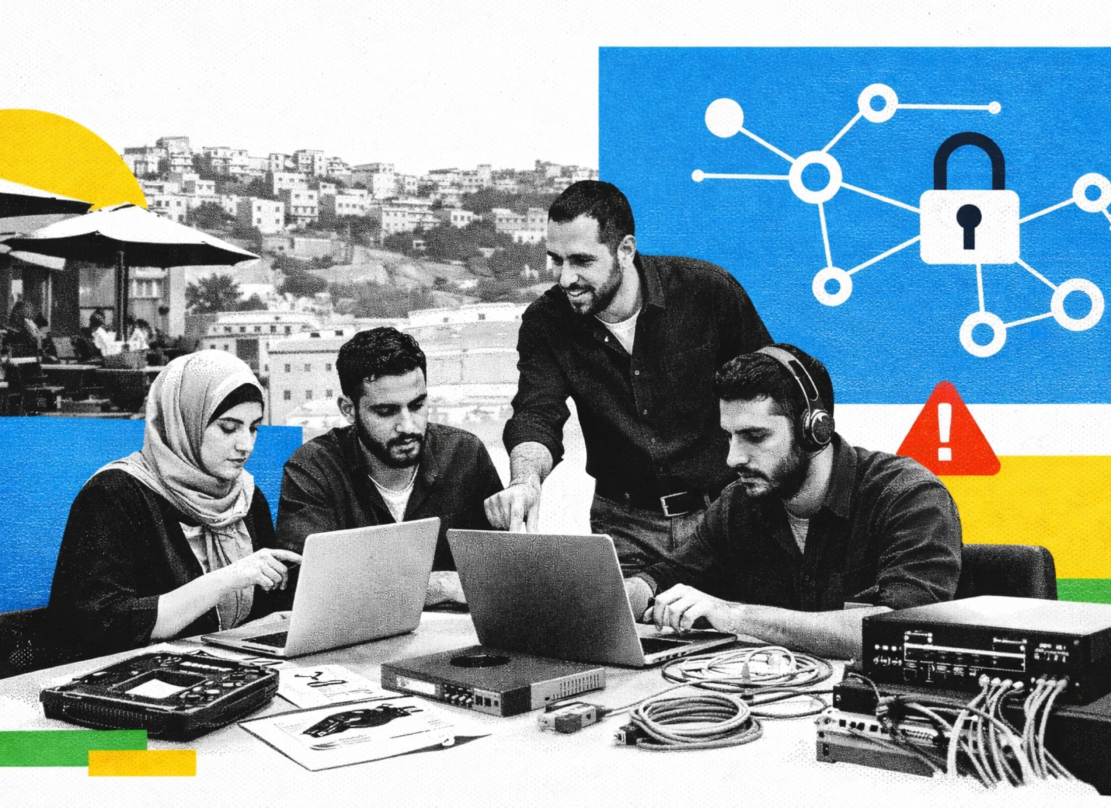 Editorial collage for Darb.Tech cyber defense, digital forensics, and AI security systems training
