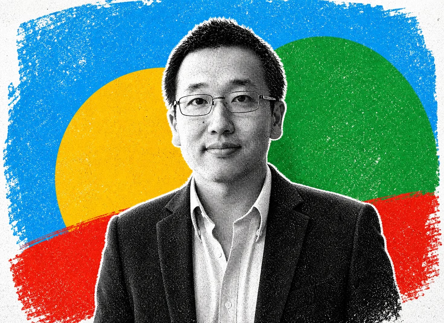 Mike Ma in LevelUp's black-and-white editorial portrait style with bold blue, yellow, green, and red print textures.