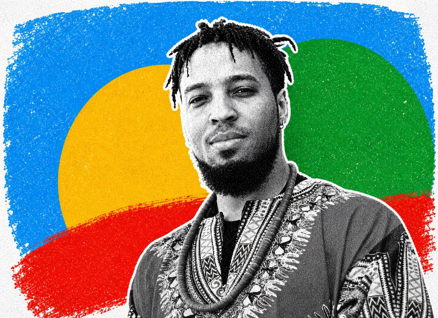 Djavan Norris in LevelUp's black-and-white editorial portrait style with bold blue, yellow, green, and red print textures.