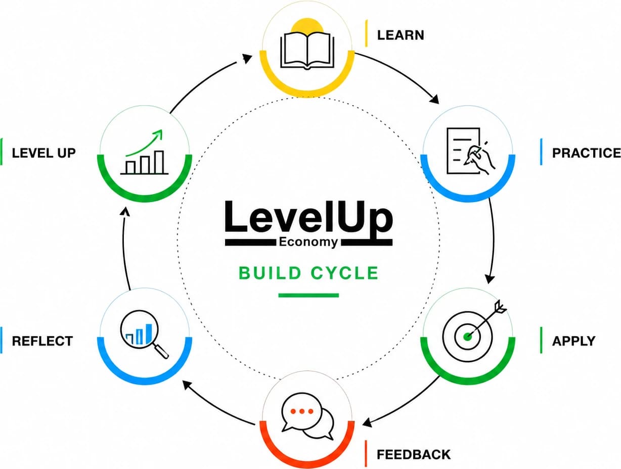 LevelUp Build Cycle diagram showing learn, practice, apply, feedback, reflect, and level up.