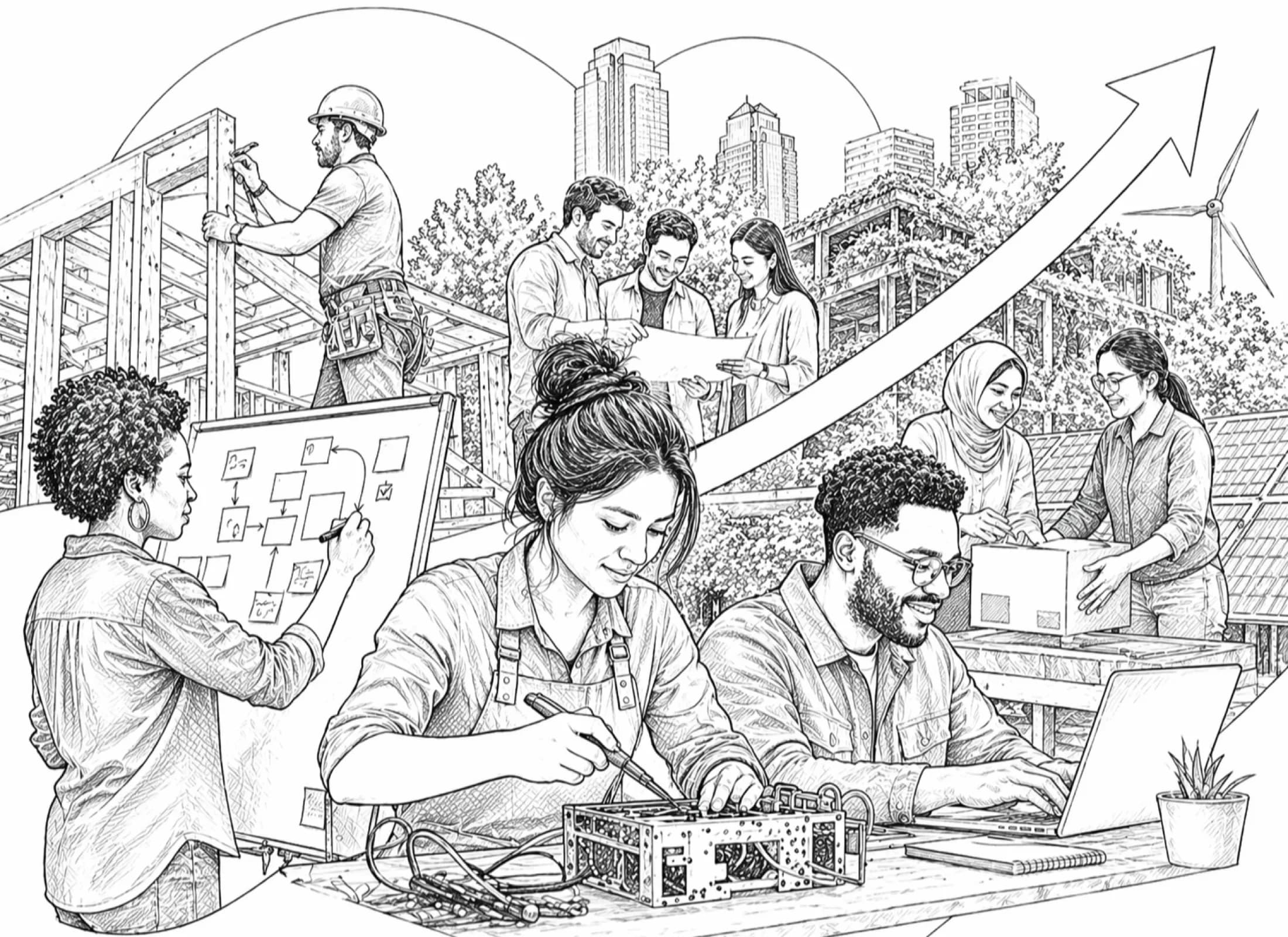 Line-drawn illustration of people sketching, prototyping, and building together in front of a rising city skyline