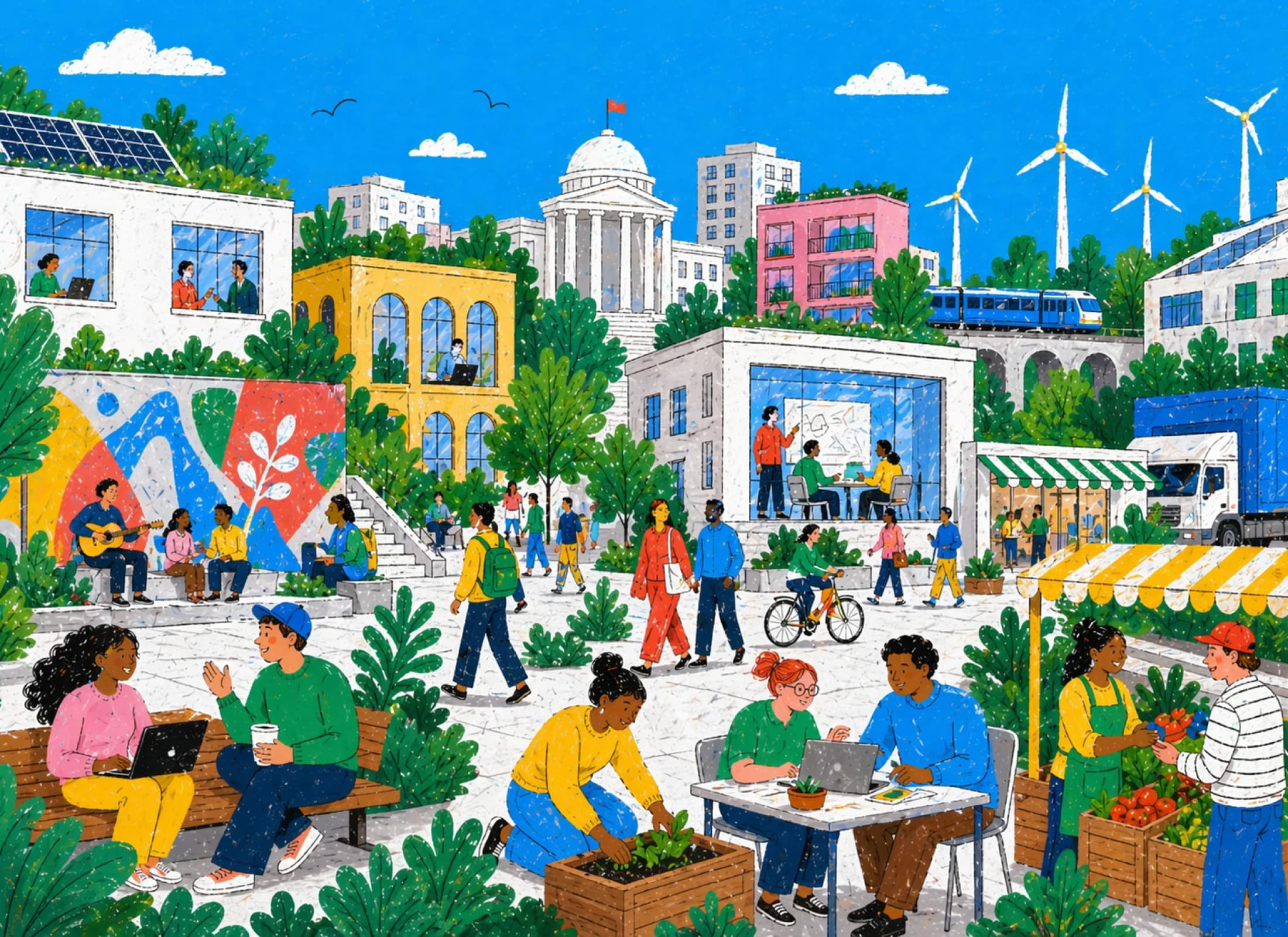 Illustration of a busy public plaza — market stalls, people working and cycling, solar panels, wind turbines, and a civic building