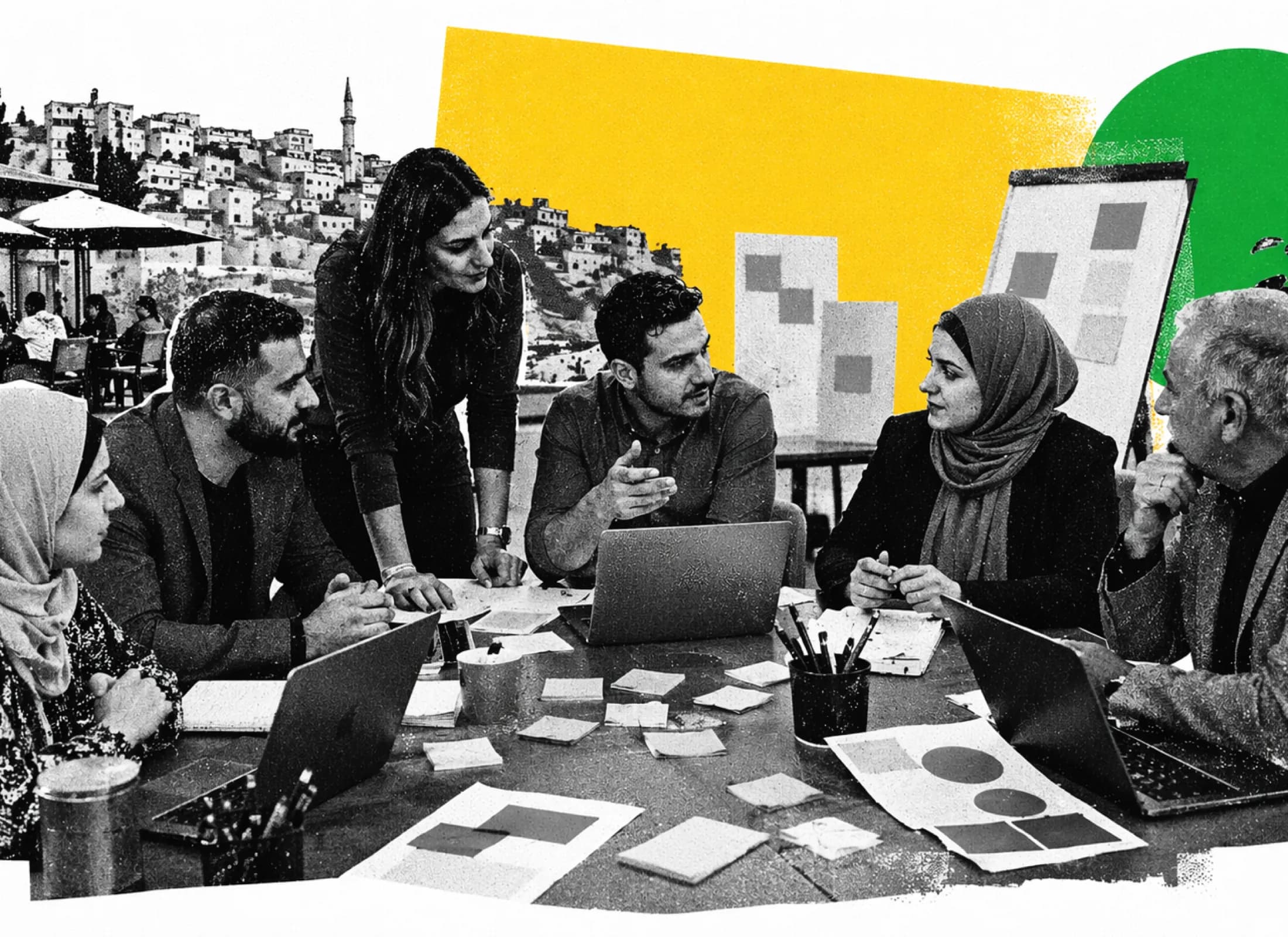 Editorial collage representing applied AI learning, employer collaboration, and institutional partners