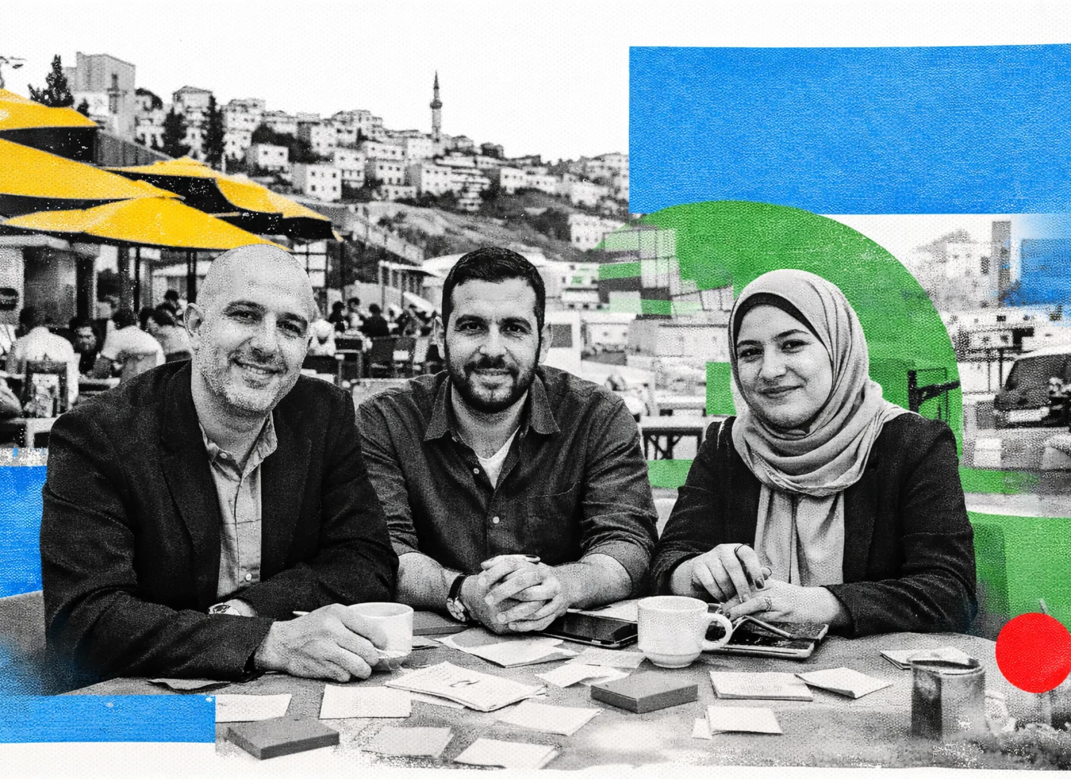 Editorial collage of LevelUp founders and partners in Amman