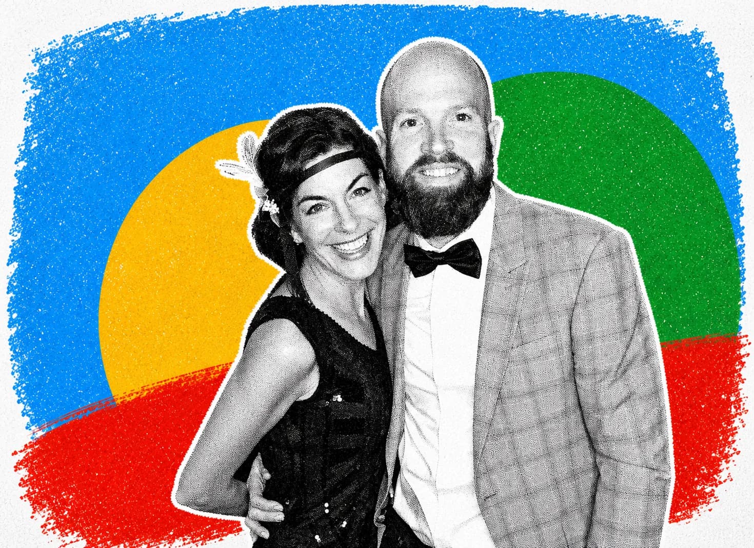 Lana Zumbrunn and Mitchell Robertson side by side, in LevelUp's black-and-white halftone portrait style over blue, yellow, green, and red print fields.