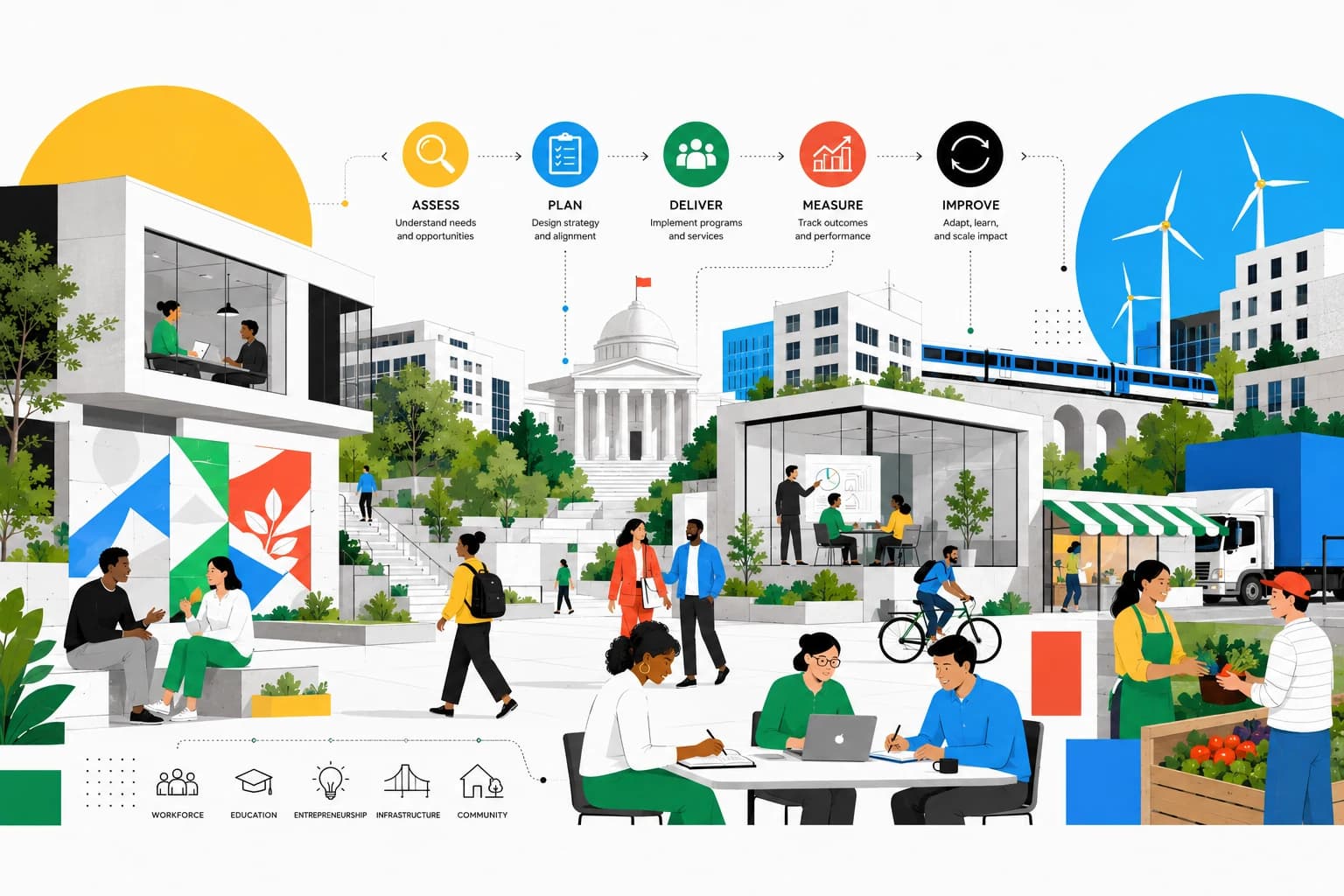 Editorial operating-model poster showing assess, plan, deliver, measure, and improve across institutions, employers, infrastructure, and community.