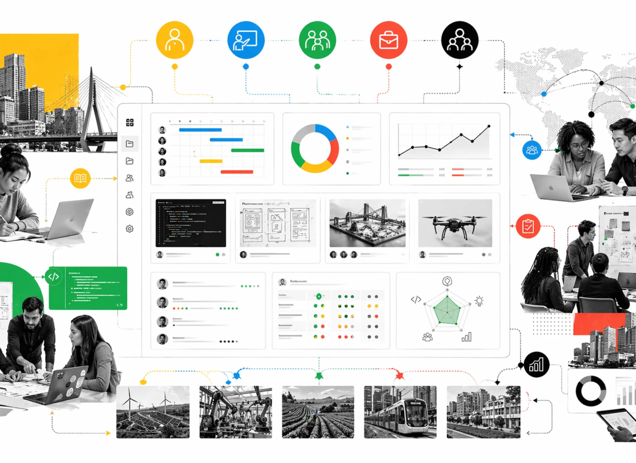 Editorial platform concept for LevHub showing applied work, feedback, cohort operations, GitHub workflows, and reporting visibility